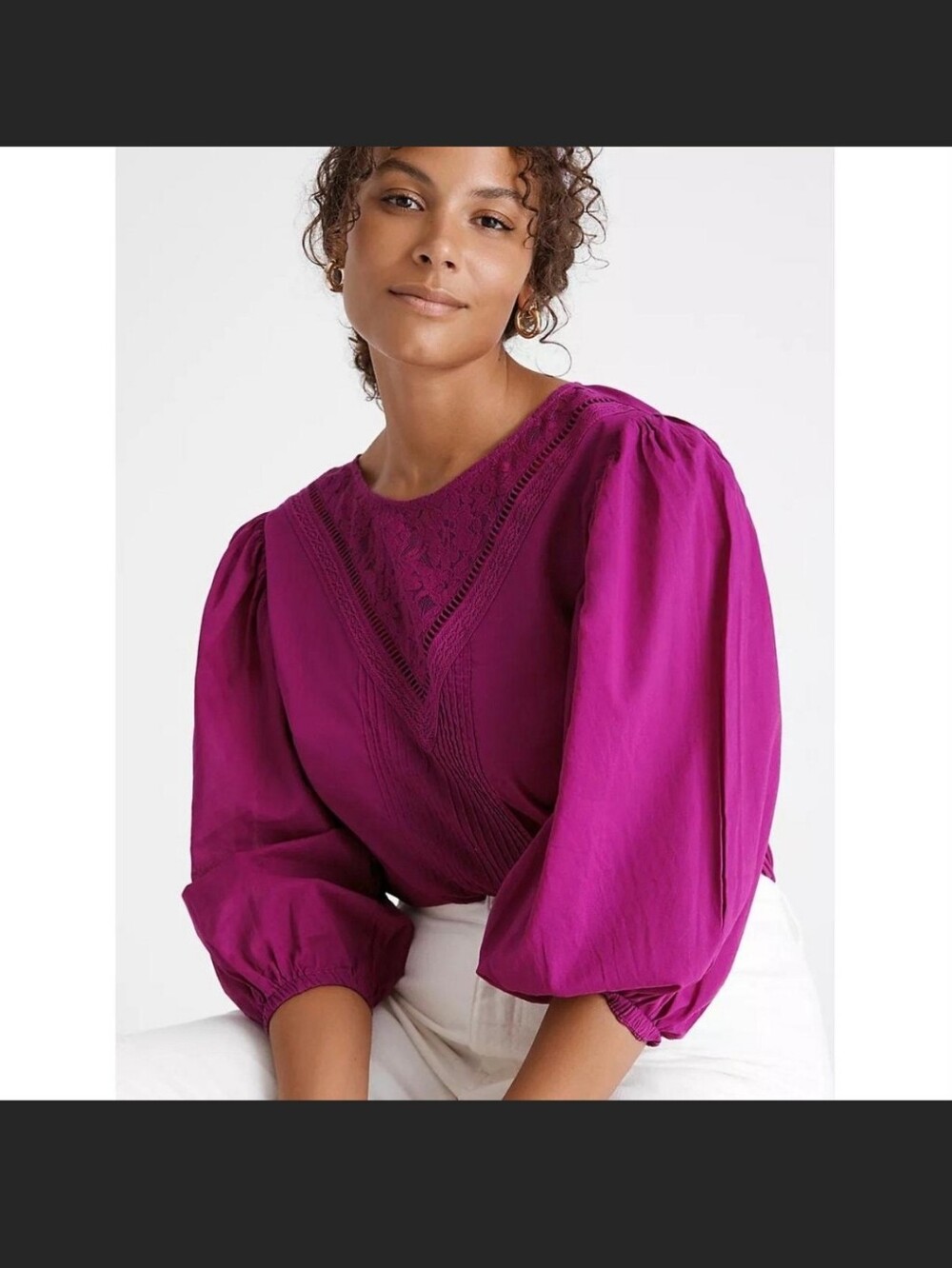 FARM Rio Magenta Lace V-Neck Balloon Sleeve Blouse